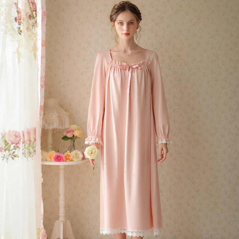 Women Cotton Night Dress Spring Autumn Long Sleeve Loose Robe Sweet Lace Romantic Vintage Nightgown Princess Sleepwear Homedress - Image 2