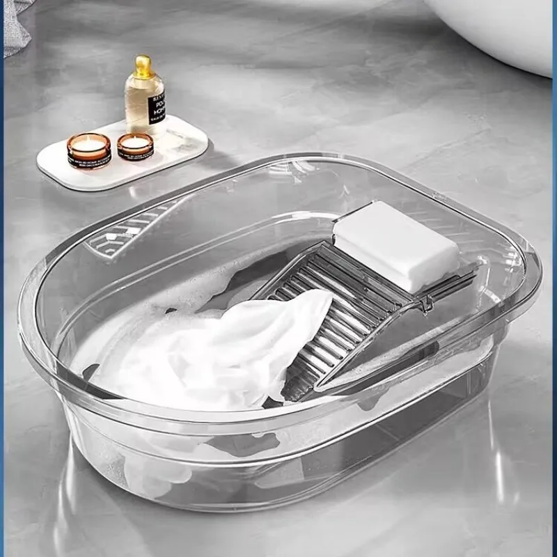 Portable Washing Basin with Built-in Washboard, Thickened Transparent Laundry Tub for Home, Dorm, Baby Clothes Hand Washing