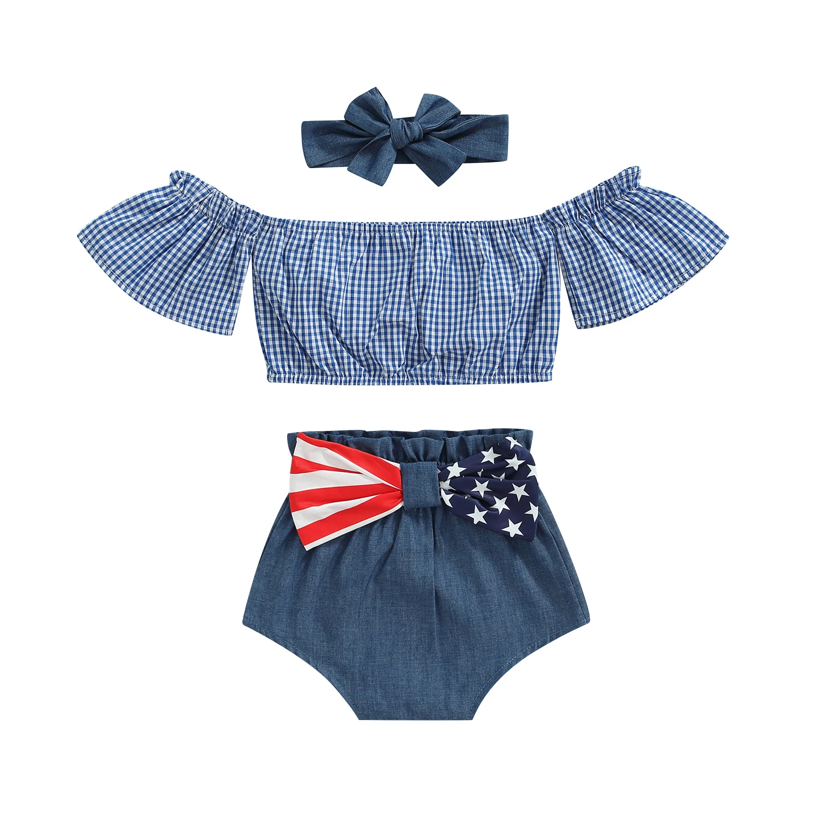 2022-04-11 Lioraitiin 0-24M Toddler Baby Girl 4th of July Baby Girls Outfit Plaid Off-Shoulder Crop Tops Snaps Pantie Hairband