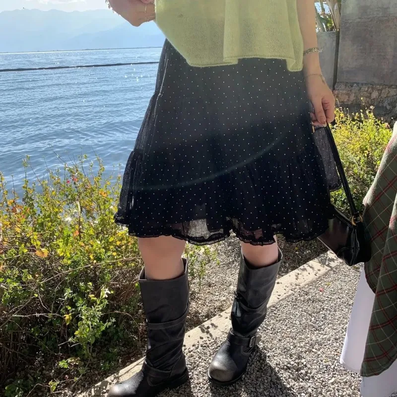 

Women's Clothing Korean Polka Dot Cupcake Skirts Basic A-Line Summer Sweet High Waist Elastic Fashionable Folds Aura Knee Skirts