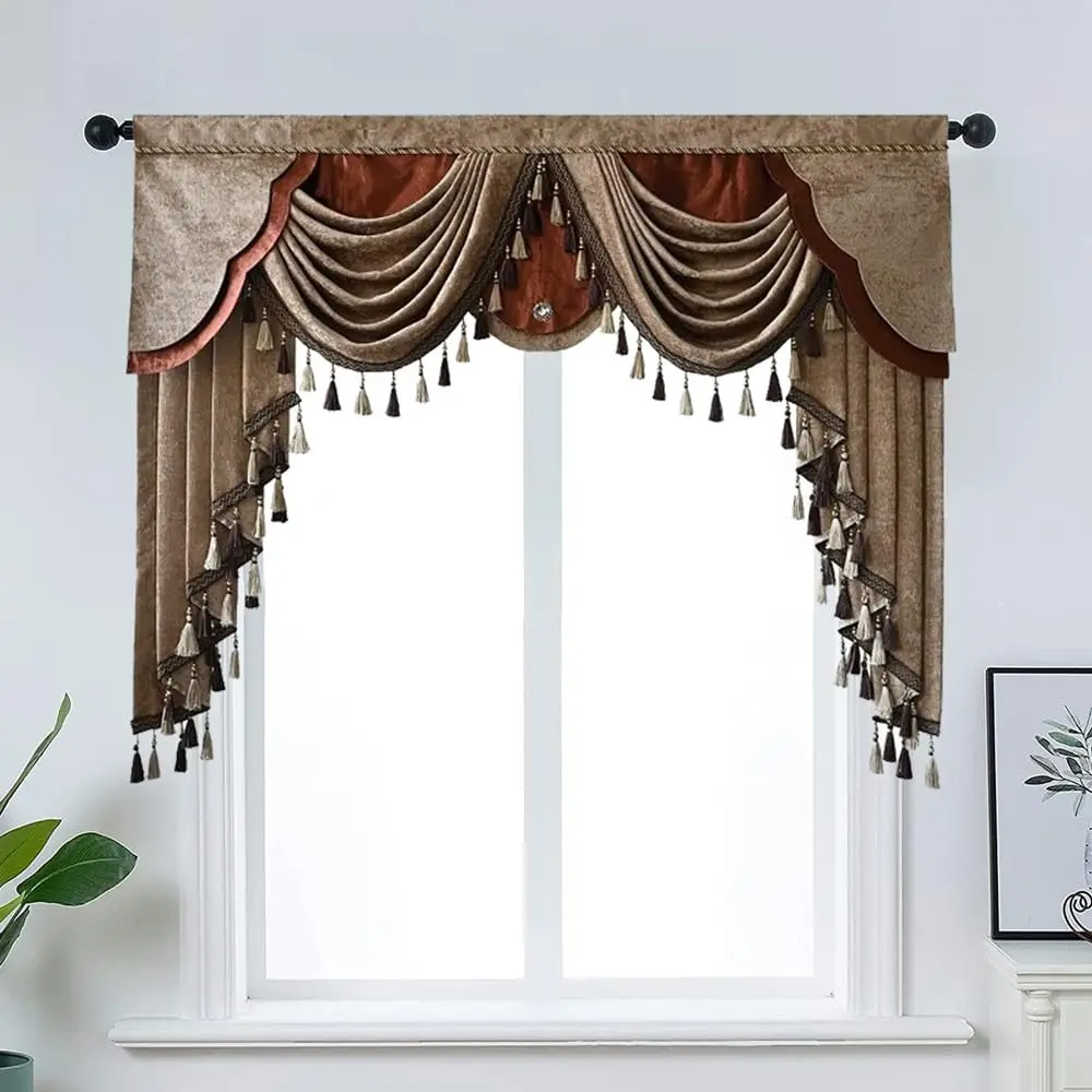 Luxury Brown Coffee Valance Waterfall Swag with Tassels for Living Room Bedroom Windows Blackout Curtain Valance European