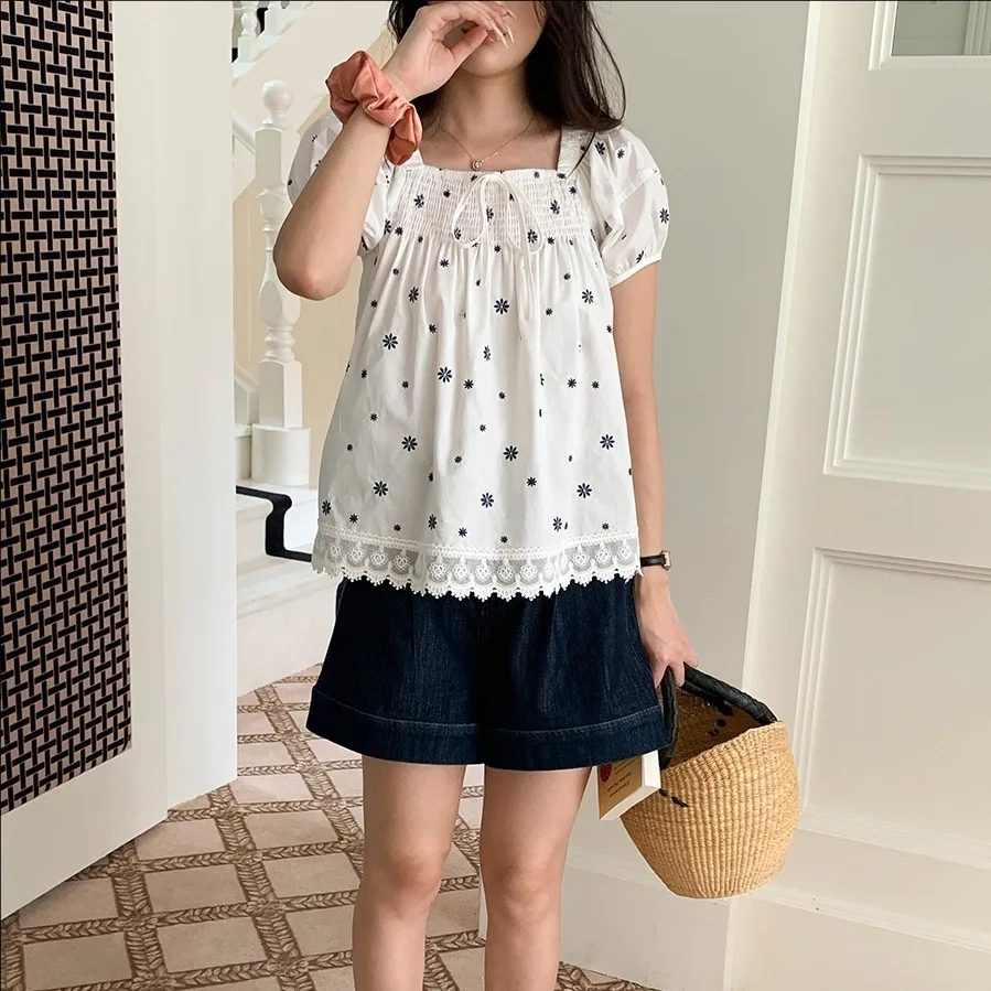 

Summer casual white embroidered short sleeved shirt women top