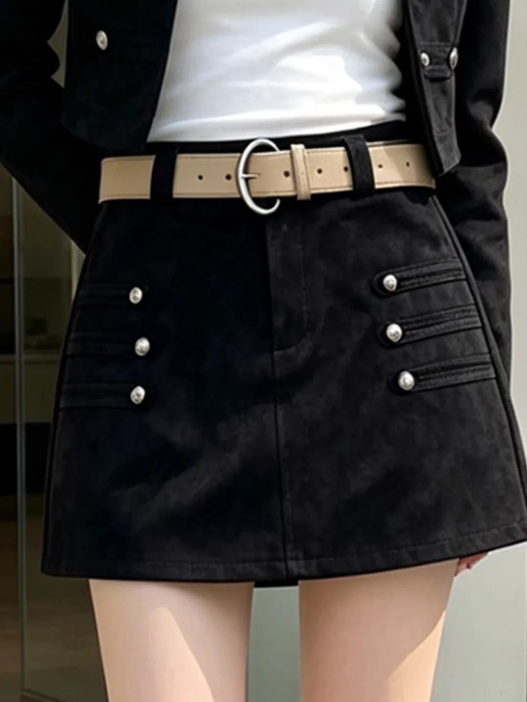 Y2K Retro Hot Girl Double Breasted Mini Skirt Faux Suede Black Slimming Height-Enhancing Boot Skirts For Women Party Clubwear