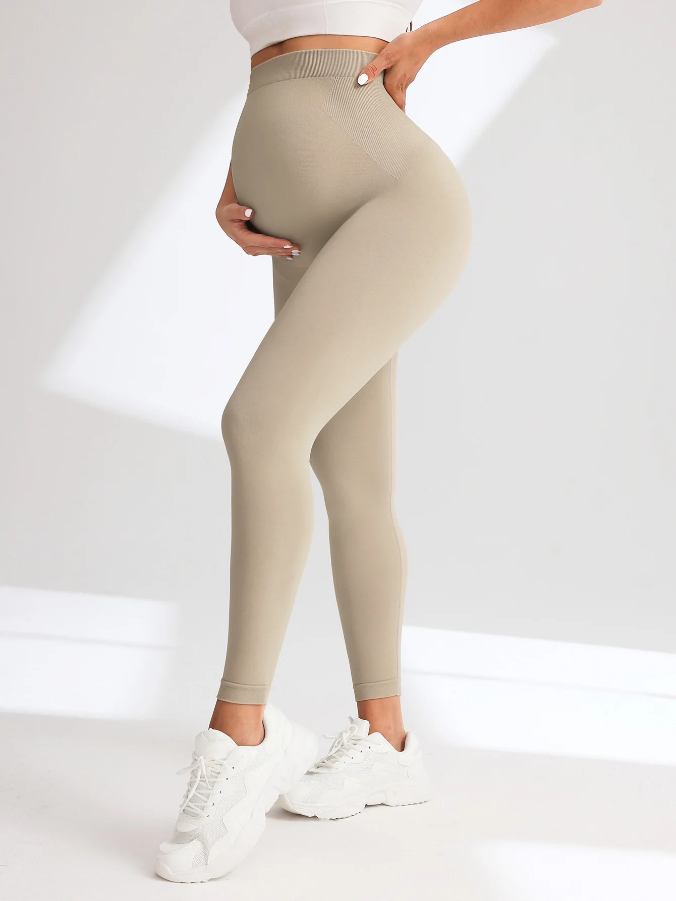 Neue Nahtlose Gestrickte Yoga Hosen Hohe Taille Schwangerschaft Leggings Mutterschaft Kleidung für Schwangere Frauen Bauch Unterstützung Körper Lange Hosen – Detail 10