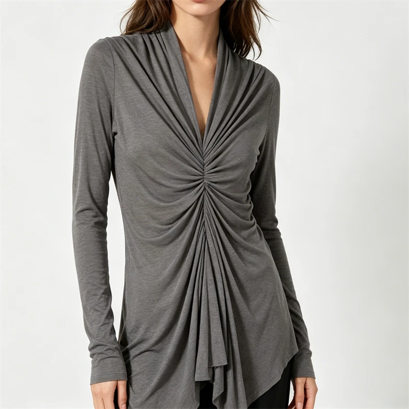 High-Quality Summer New Women's V-Neck Pleated Long Sleeve T-Shirt Fashion Asymmetrical Sexy Waist-Cinching Draped Top