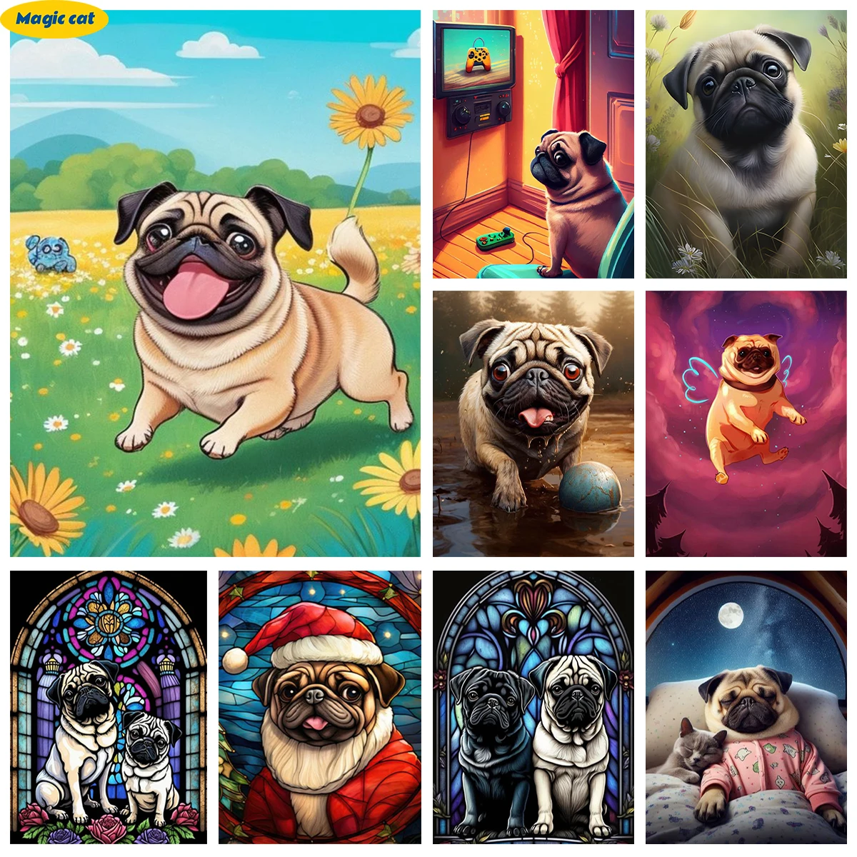 

Pug Dog AB Diamond Painting Kit Cartoon Pet Dog Image Diy Diamond Embroidery Cross Stitch Hand Gift Animal Home Wall Art Decor