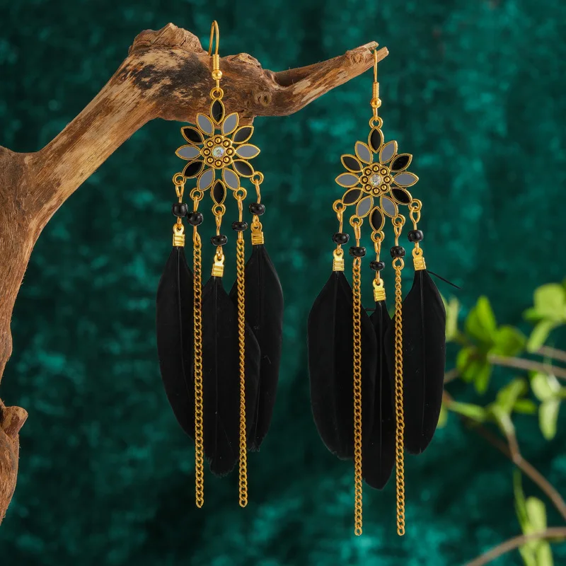 Böhmische lange Feder-Ohrringe für Frauen, klassische ethnische Retro-Temperament-Kette, Blatt-Perlen-Quasten-Ohrringe, Boho-Hochzeitsschmuck – Detail 15