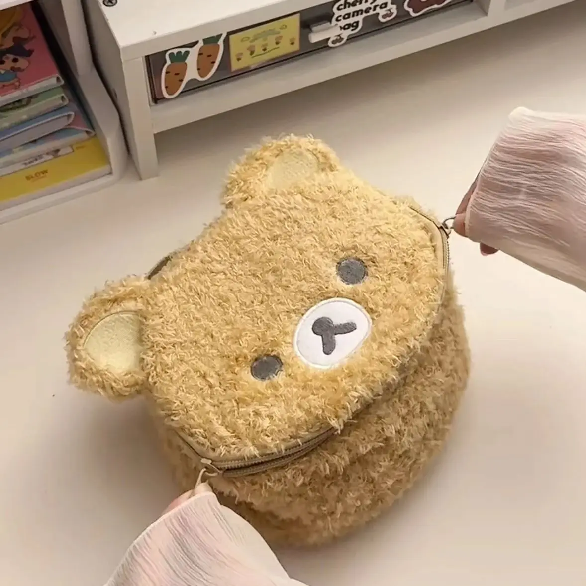 Cartoon Rilakkumas Bear Plush Storage Bag Large Capacity Teddy Bear Traveling Makeup Cosmetic Bag Jewelry Camera Organizer