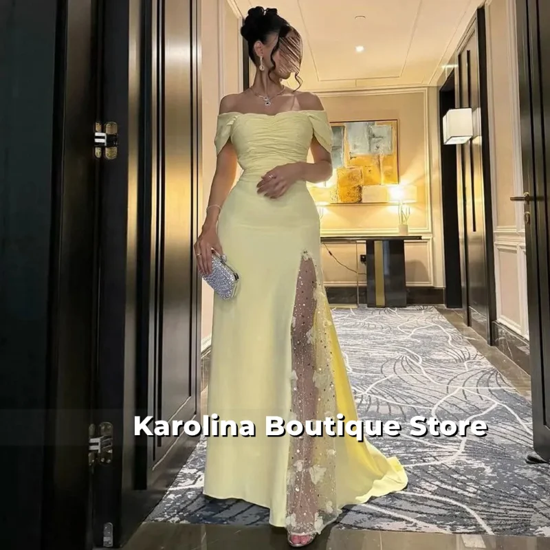 فستان سهرة عربي سعودي أصفر حورية البحر مخصص قبالة الكتف الديكور الزهور مطوي سويب تراين ثوب حفلة امرأة عربية