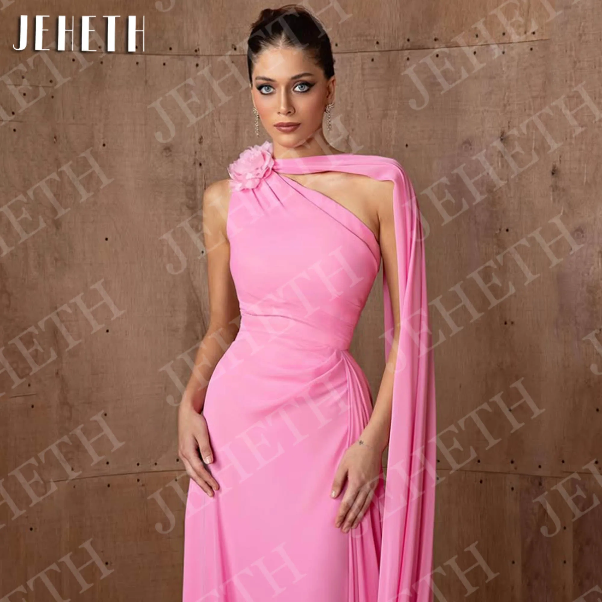 Jeheth vestidos de noite de sereia de um ombro com flor artesanal elegante rosa mulher vestido de baile sem mangas personalizado Um ombro vestidos de noite de sereia com flor artesanal elegante rosa mulher vestido de b