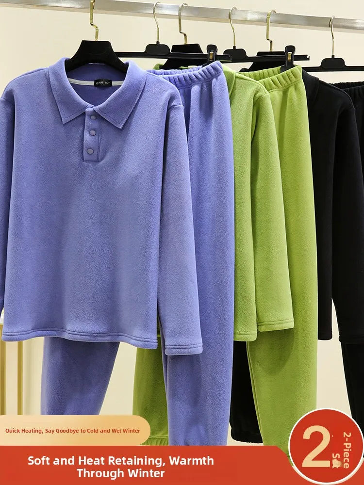 Thickened Fleece Warm Sleepwear Set Women's Loose Casual Home Clothes Long Sleeve Crew Neck Pullover Top Bottoms Pajamas
