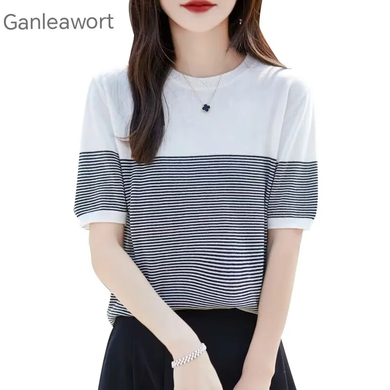 

100% Pure Cotton Knitted Short Sleeved Women's Round Neck Contrasting Color T-Shirt Summer New Versatile Fashion Top Base Shirts