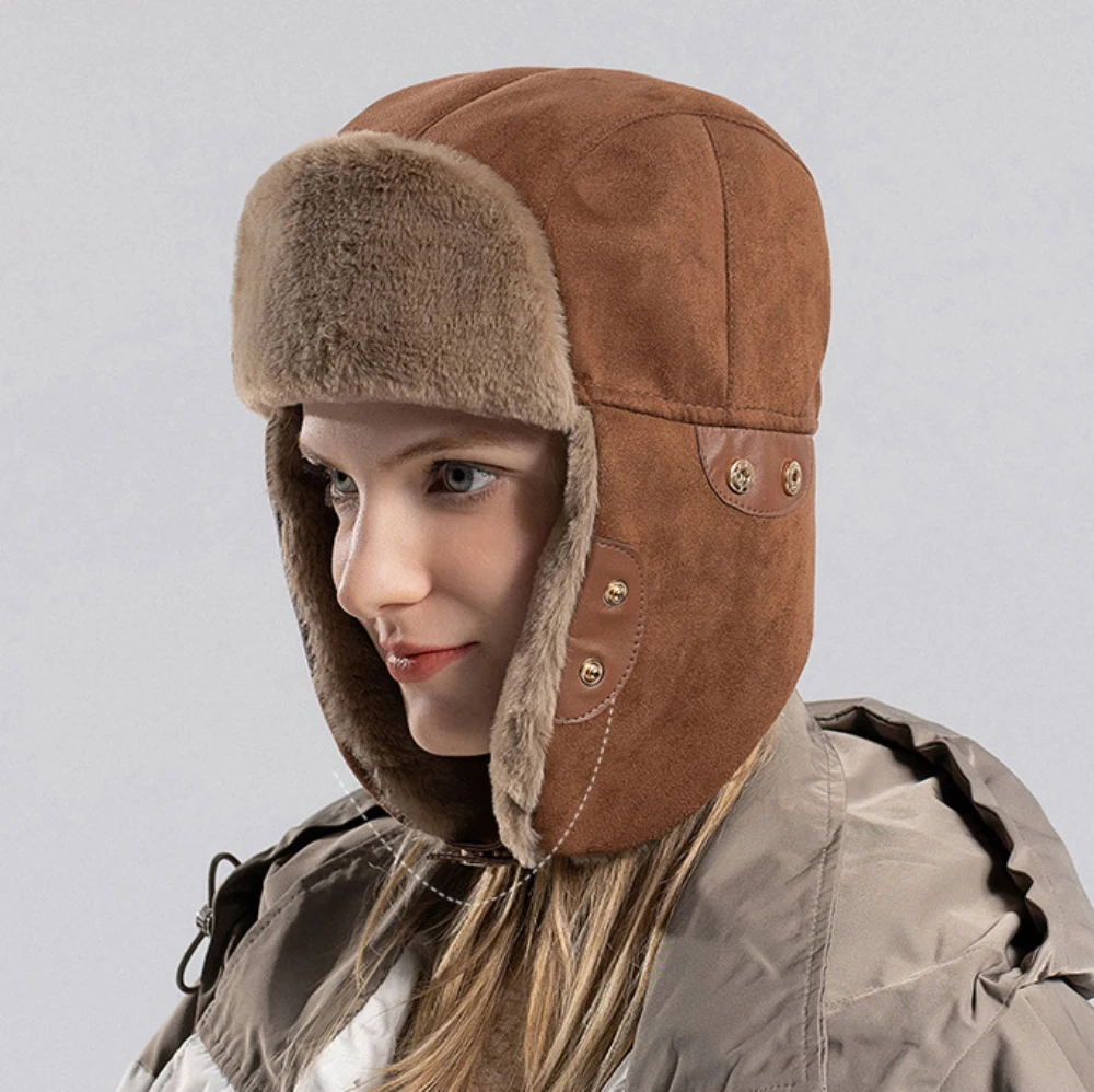 Ht4509 chapéu bomber grosso quente chapéus de inverno para mulheres camurça de alta qualidade chapéu de pele russa senhoras neve esqui trapper earflap boné