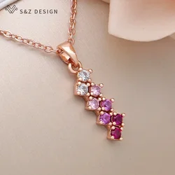 S&Z DESIGN New Fashion 585 Rose Gold Color Pink Gradation Cubic Zirconia Pendant Necklace For Women Party Stylish  Jewelry Gift