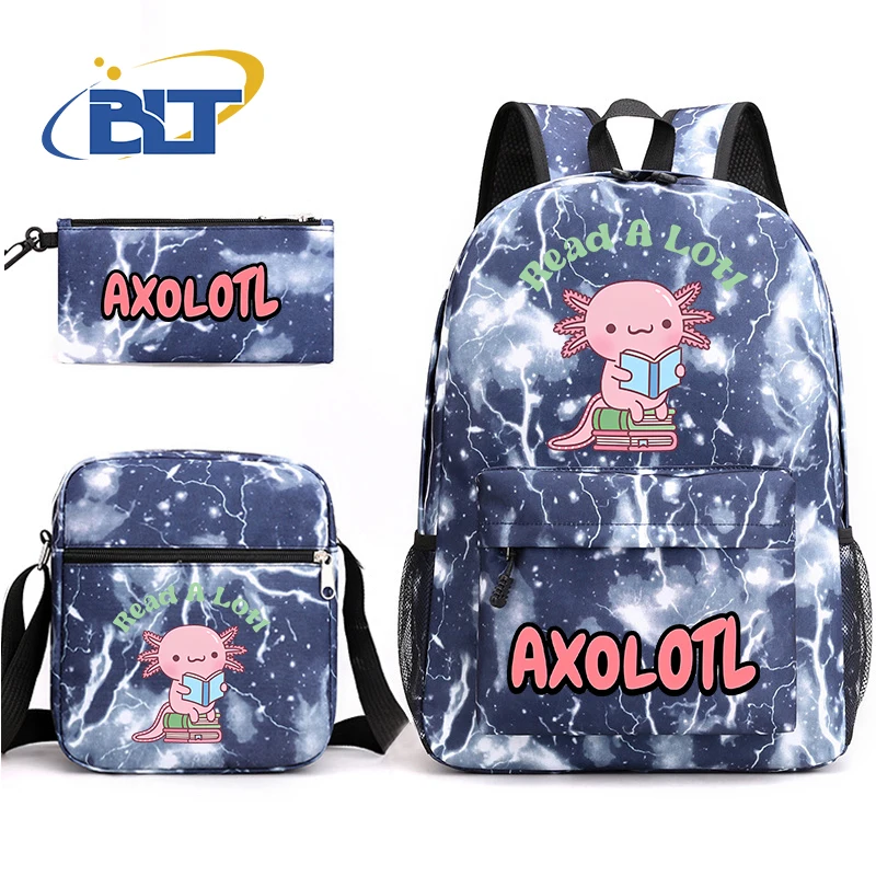 Sac à Dos Mignon Axolotl Imprimé pour Écolier, Ensemble de 3 Pièces, Trousse à Crayons, Cadeau pour Enfant