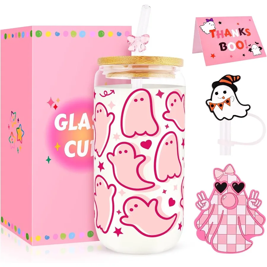 

Halloween Glass Cups with Lids and Straws Cute Halloween Gts Basket for Women Girls Teens 16oz Coquette Bow Iced Coffee Glass C