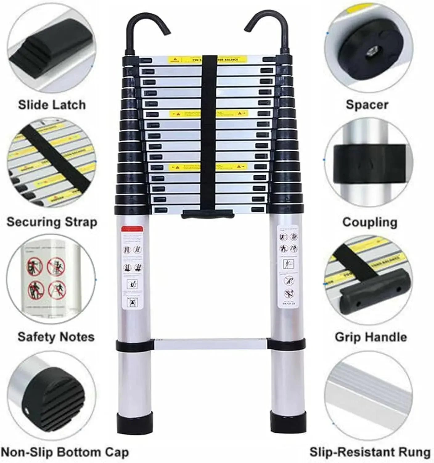 Aluminum Telescopic Extension Ladder Heavy Duty 20 Foot Portable Collapsible Multi Purpose 330 Pound Capacity Detachable Hooks view 2