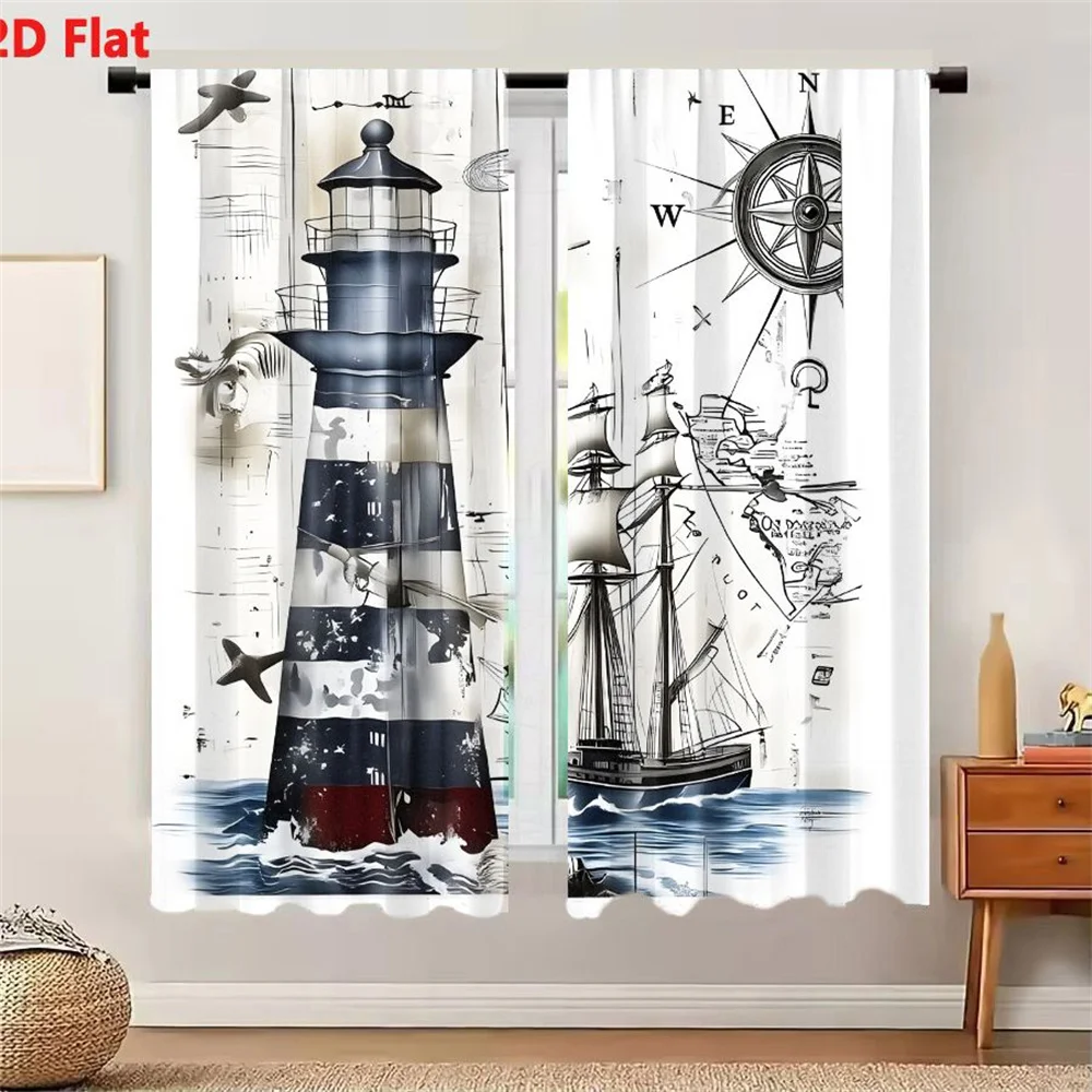 2Pcs Curtains Vintage Nautical Illustration Featuring A Striped Lighthouse And Sailing Ship On An Old Map Window Drapes for Bedr