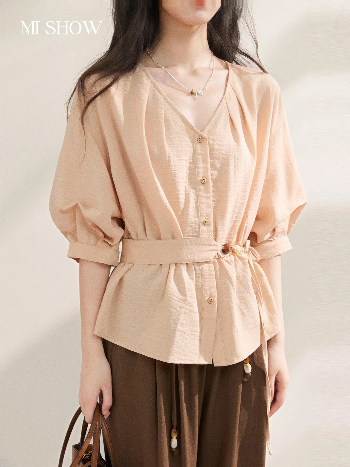 

Рубашка MISHOW во французском стиле с завышенной талией, летняя повседневная свободная и приталенная блузка средней длины с V-образным вырезом и поясом MXF16X2560