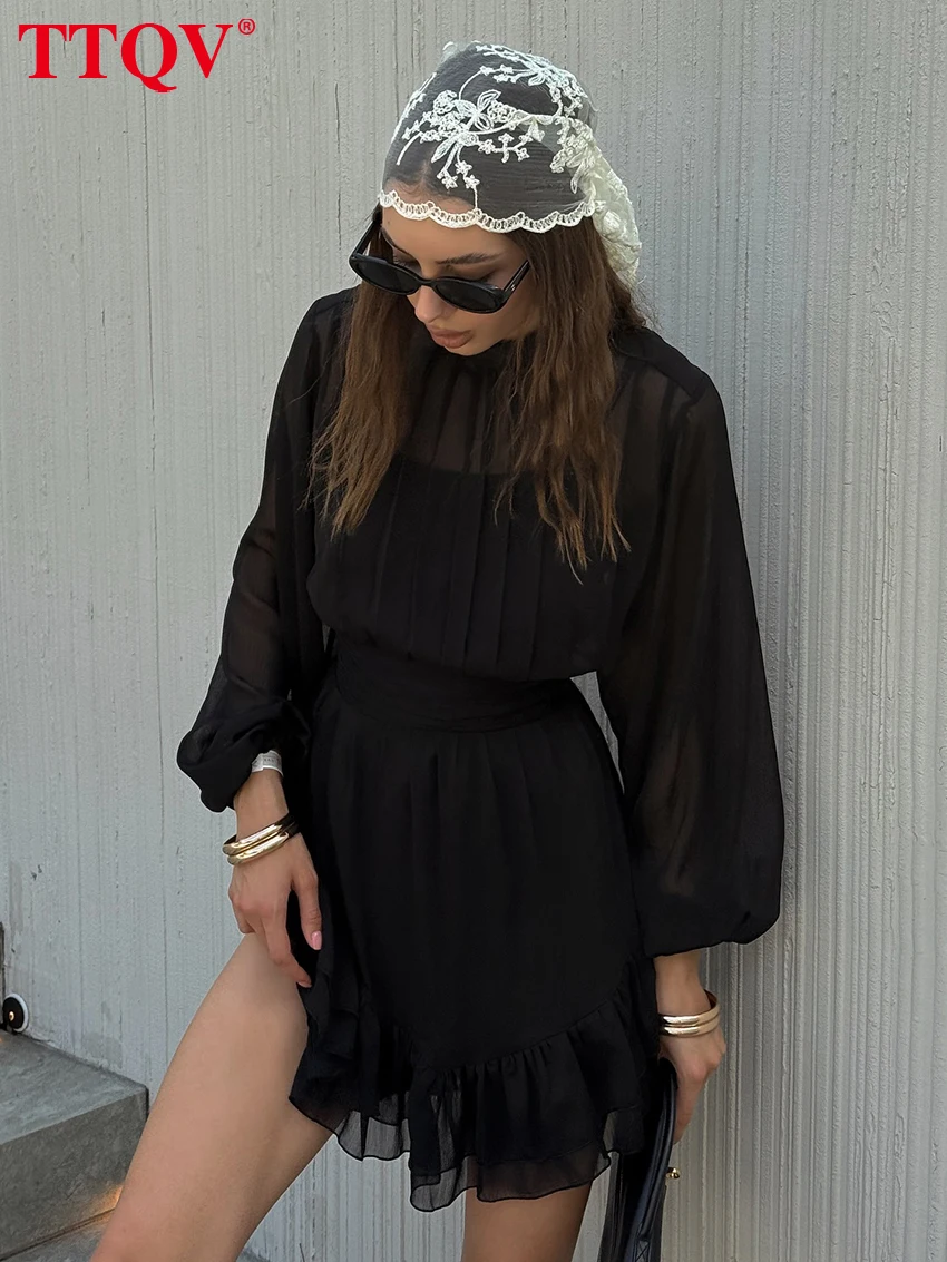 

TTQV Fashion Loose Black Women's Dress 2026 Casual Stand Collar Long Sleeve Mini Dresses Elegant Classic Pleated Female Dress