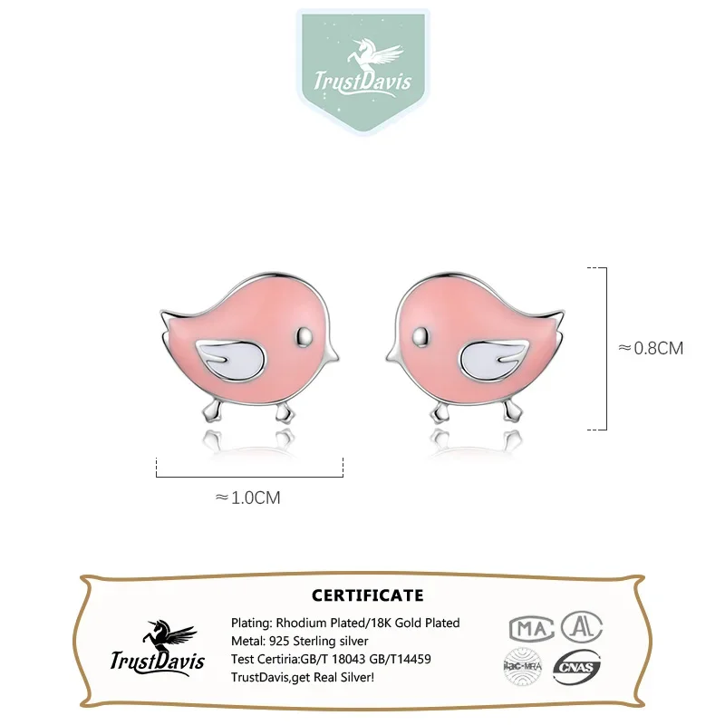 TrustDavis Real 925 Sterling Silver Fashion Sweet Glaze Pink Birds Stud Earrings For Women Wedding Party Fine Jewelry Gift DS616