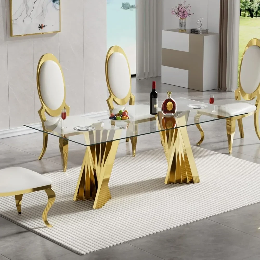 Mesa de jantar de vidro de 70 polegadas para 6-8 pessoas mesa de jantar retangular com base de aço inoxidável espelhada dourada