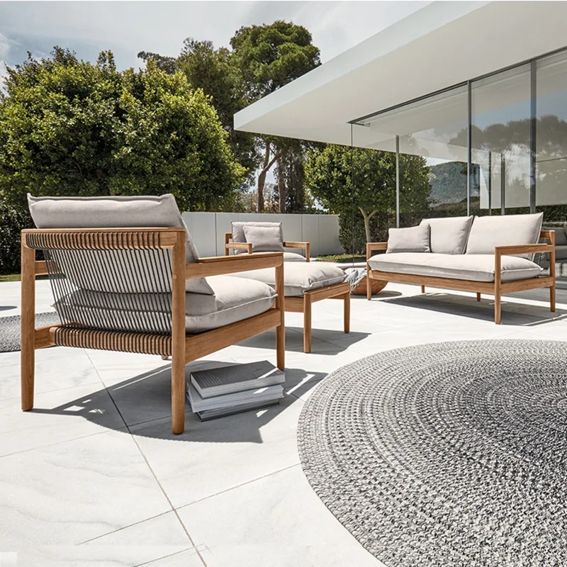 Solid wood teak garden sofa, handmade rattan open-air garden balcony outdoor sofa