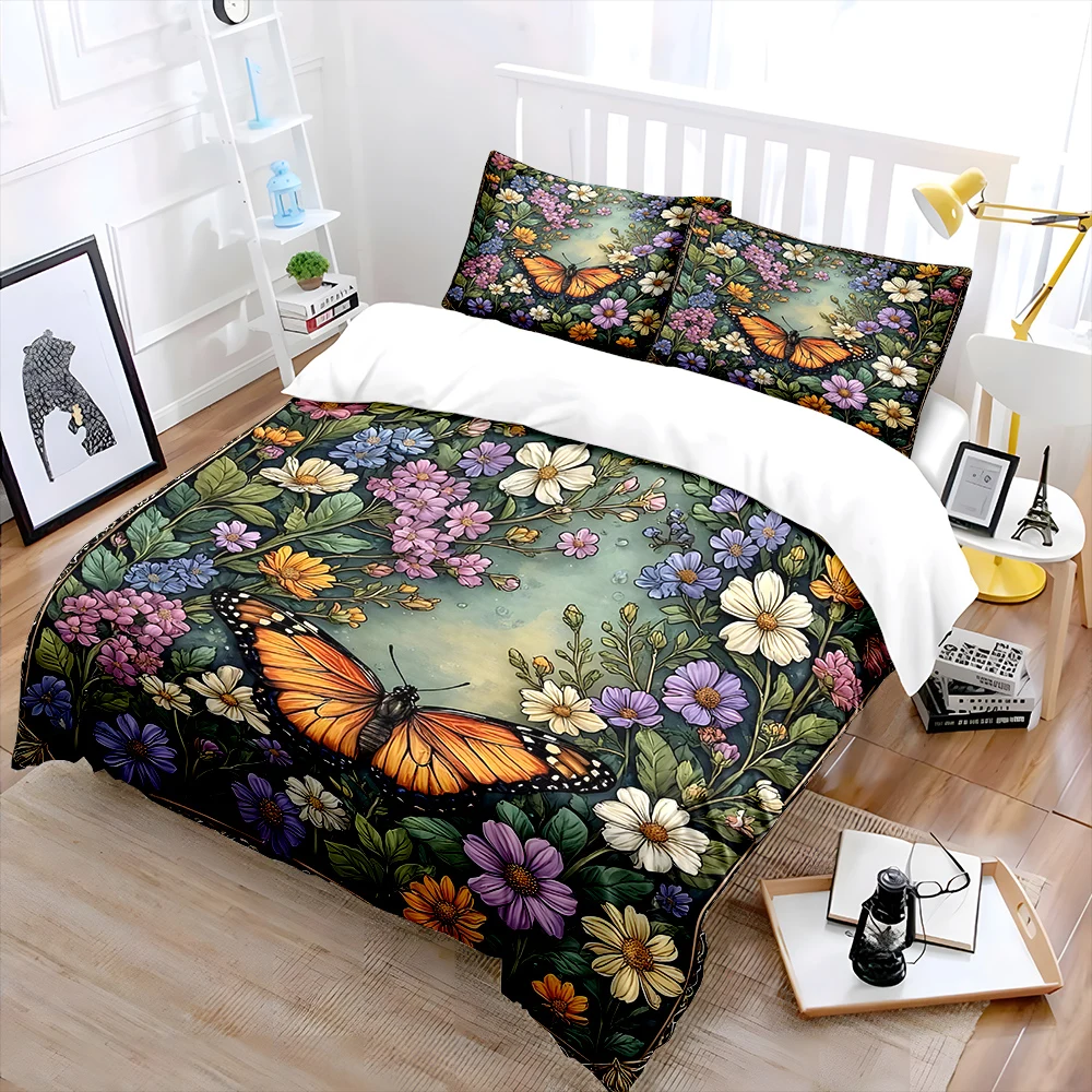 Butterfly with colorful floral background Bedding Set 1 Duvet Cover 2 Pillowcases for Adult and Children Luxury Gift Full Size