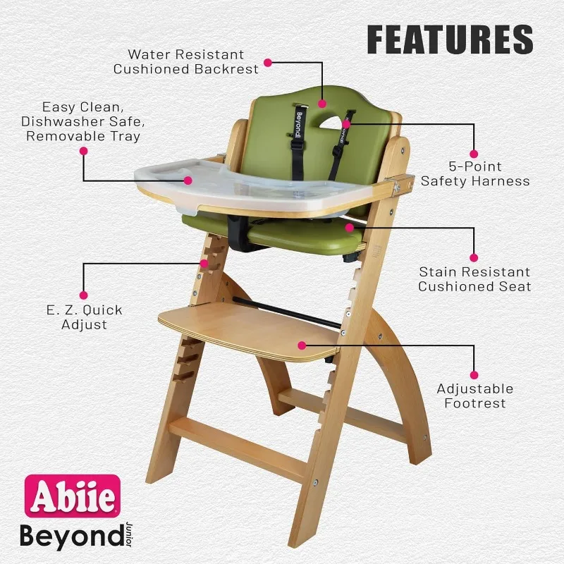 Abiie Beyond Junior Wooden High Chair with Tray - Convertible Baby Highchair - Adjustable High Chair for Babies/Toddlers