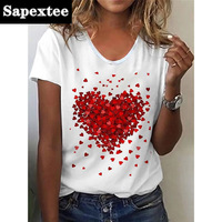 2024 Summer New Retro Women's T-shirt Red Heart Fashion 3D Printing Short-sleeved Casual Street Sports O Collar Ladies Shirt