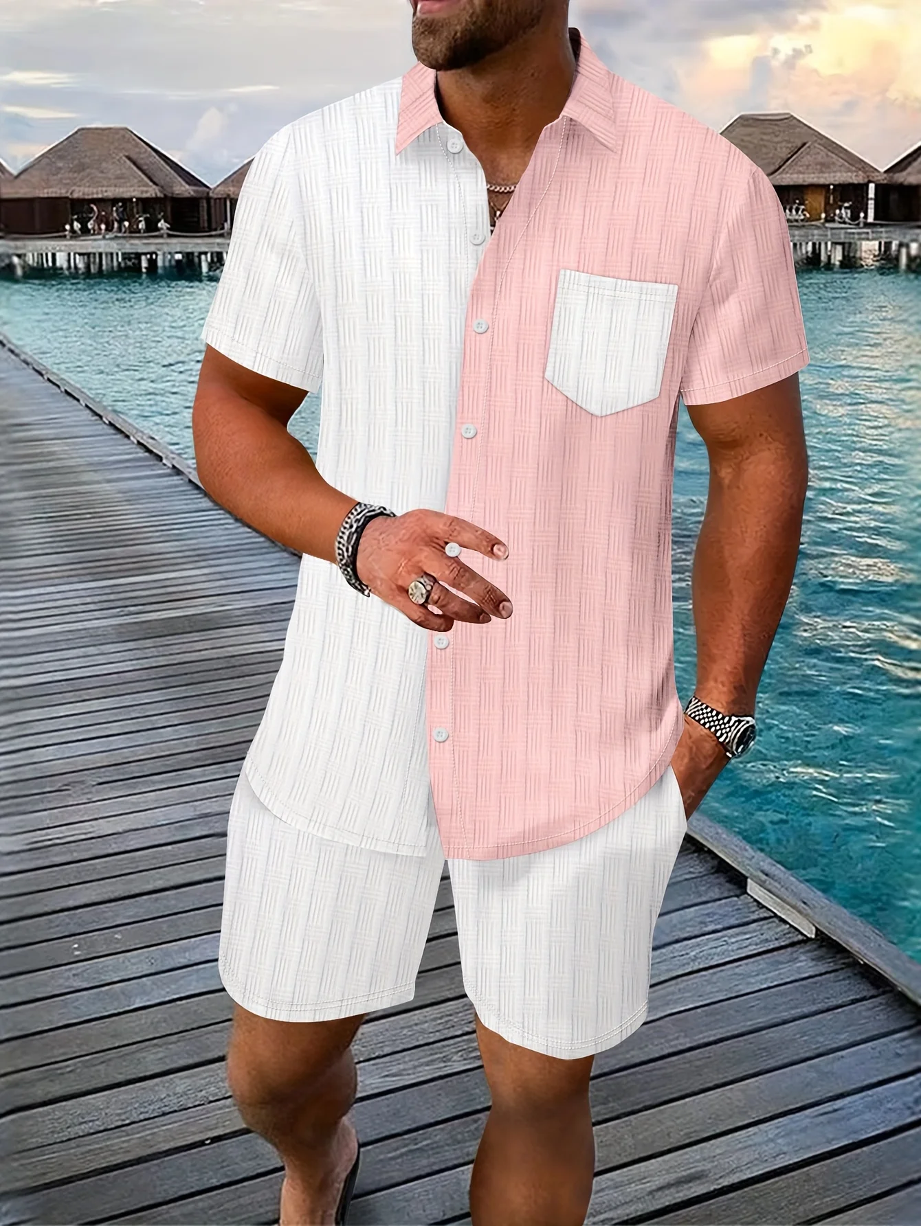 

Summer New Men's Clothing, Short Color-Blocked Pocket Stand-Up Collar Shirt And Shorts Set, Sporty And Casual Y2k Style Sets