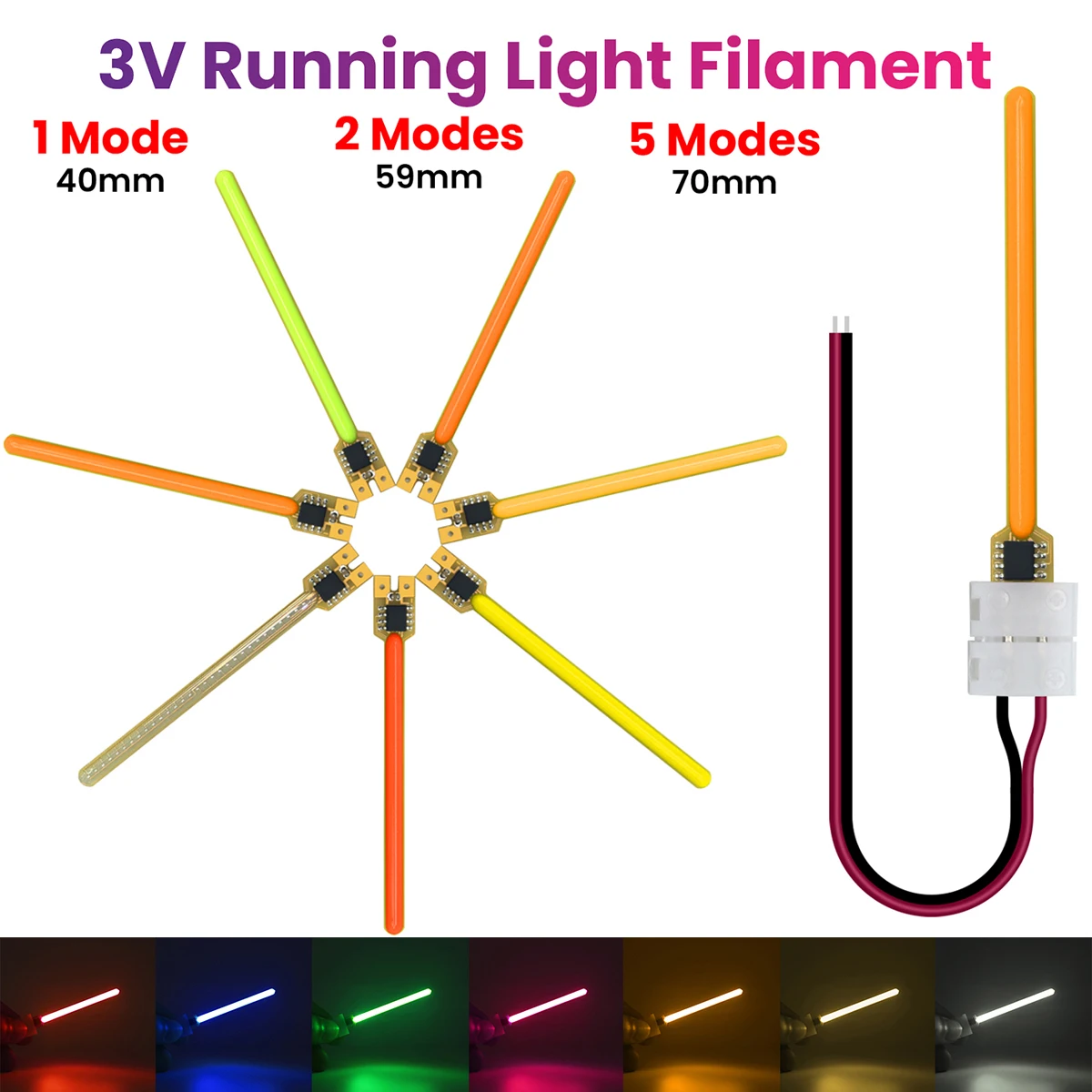 DC3V 40/59/70mm Flowing Water LED COB Filament 2pin Wire White Green Red Blue Pink 5 Modes LED Meteor Shower Room Lighting Decor