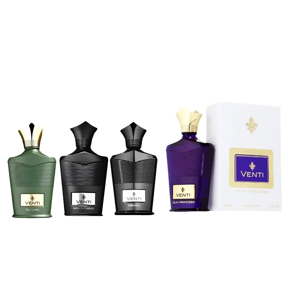 Fragrance World Venti Collection Eau de Parfum 100ml | Absolu, Sublime Unisex, Green Tweed Hombre, Silky Princess Mujer