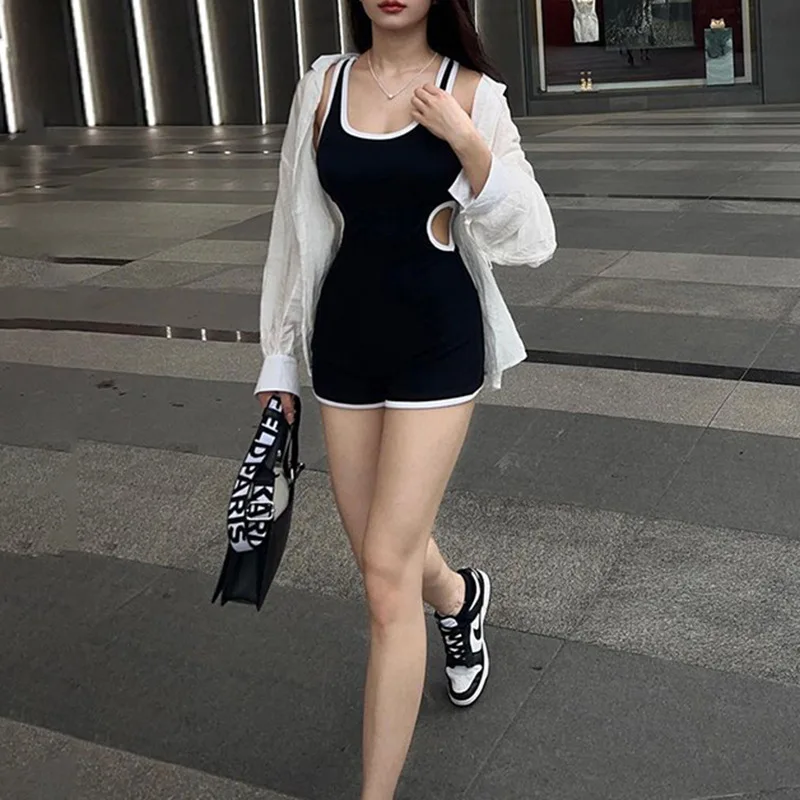 Women's Hollow Color Blocked Edge Sports Body Shaping Sexy Straight Leg Shorts Jumpsuit Trendy E5652