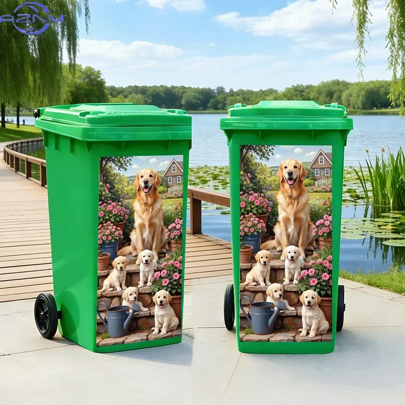 [2D Flat Printing]1pc Trash Can Sticker[Title Translated, Do Not Change] Golden Retriever Family Enjoying Flowers Theme Design