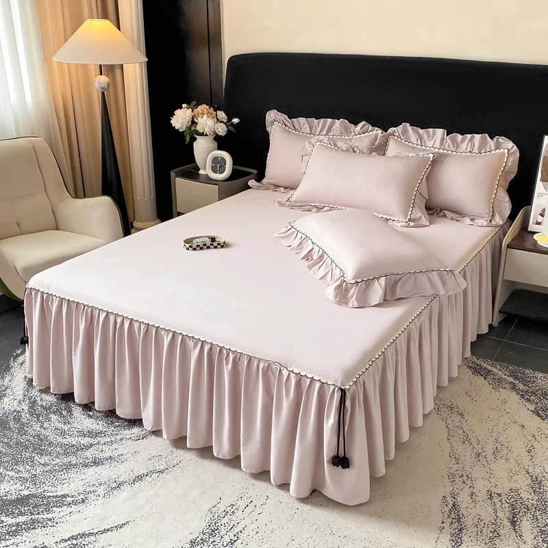 Falda de cama de algodón puro de 1 pieza, cubrecama de color liso con encaje, ropa de cama, tamaño Twin/Queen/King, sin funda de almohada