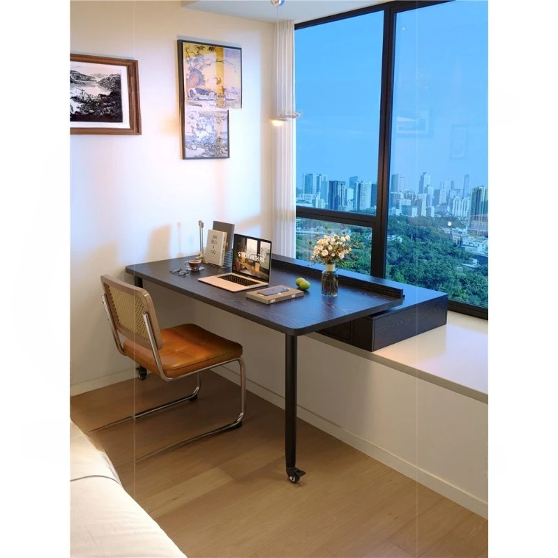 All solid wood bay window desk with drawers push-pull retractable computer desk bedroom home writing desk universal wheel