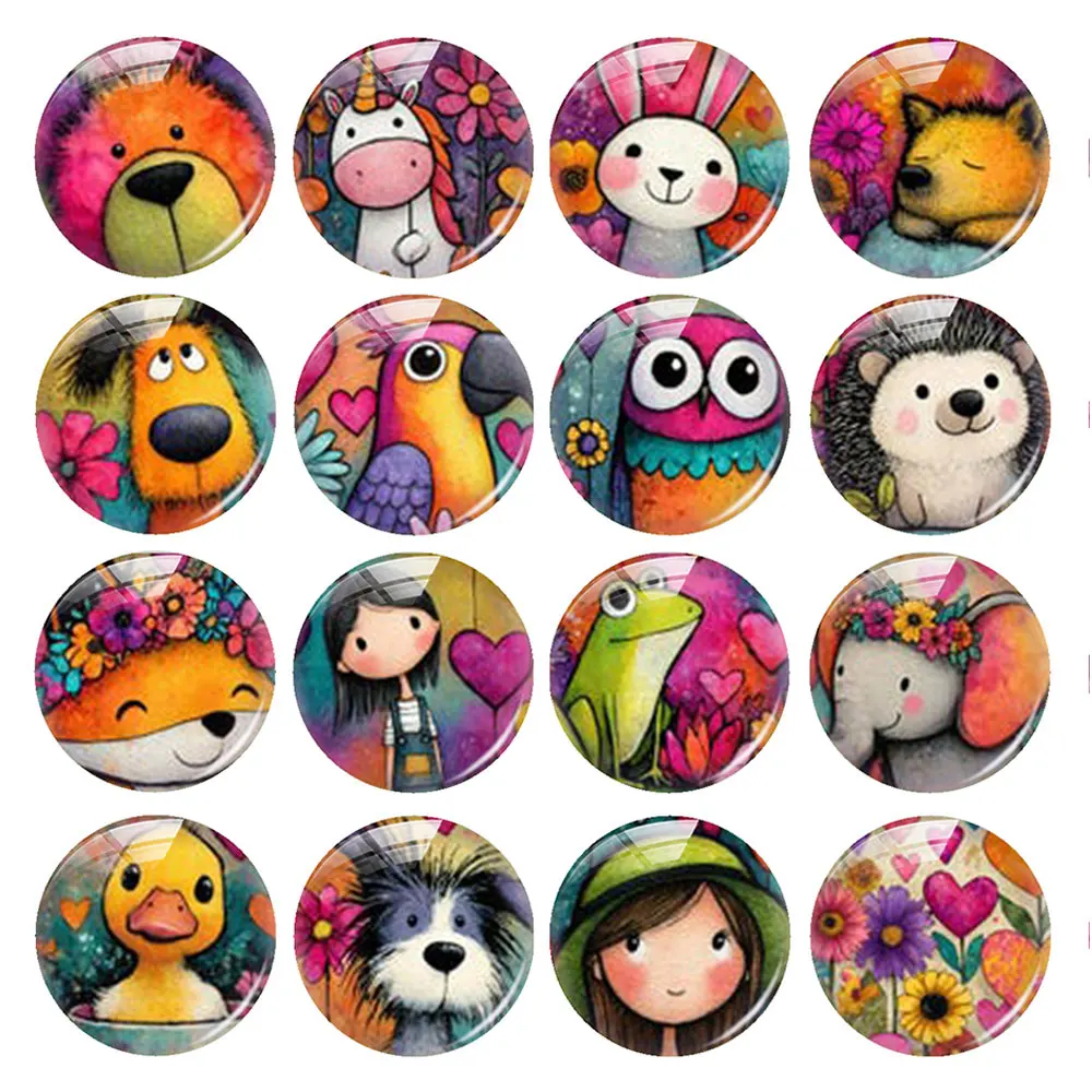 Random Mixed Round/Oval/Square Childlike Pop Style Animals Flower Photo Glass Cabochon Flatback Demo Cameo Diy Jewelry Making