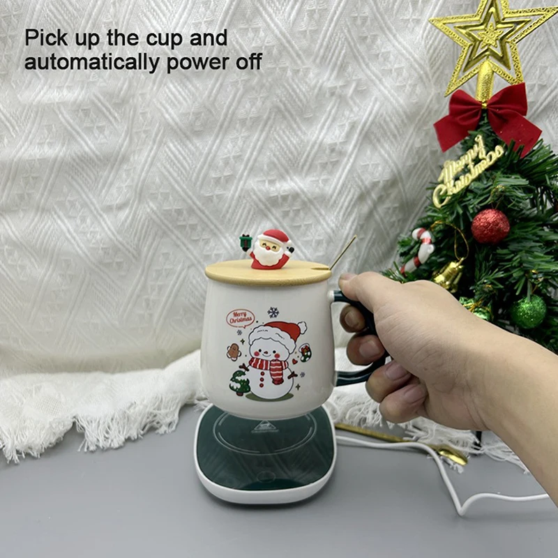 Caneca de cerâmica caixa de presente caneca copo de natal com tampa e colher conjunto base de aquecimento usb caneca de chá de café presente de natal de ano novo