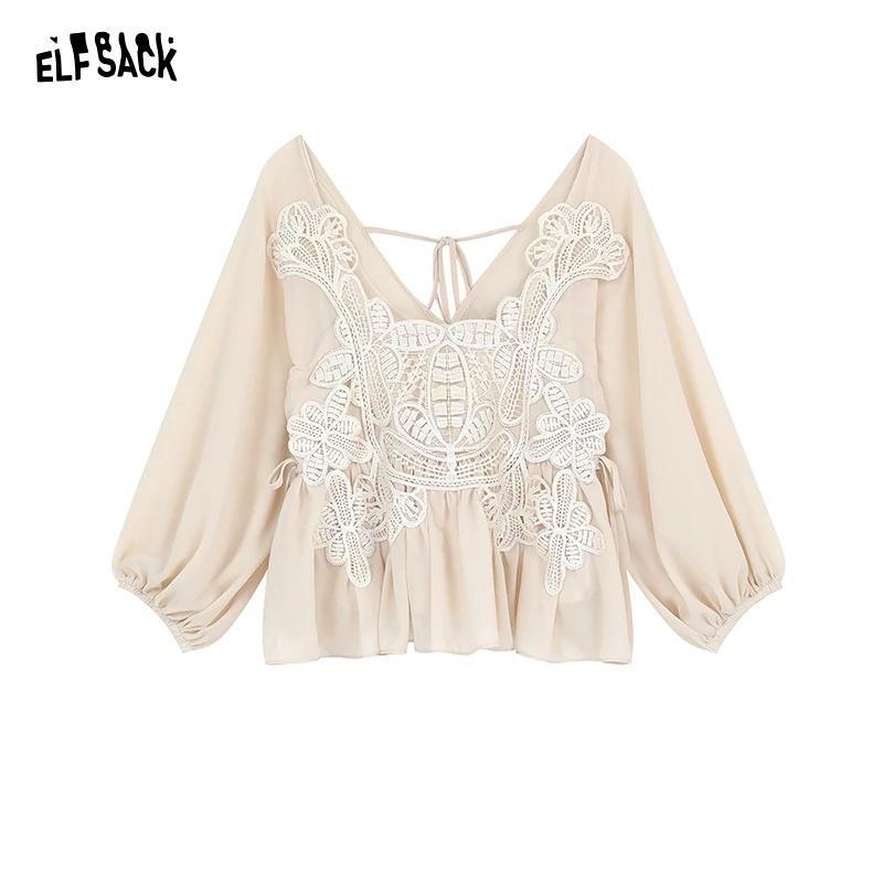 ELFSACK 2024 Summer New Immortal Air Hollow Lace Chiffon Shirt Women's Cover Up Thin Gauze Top