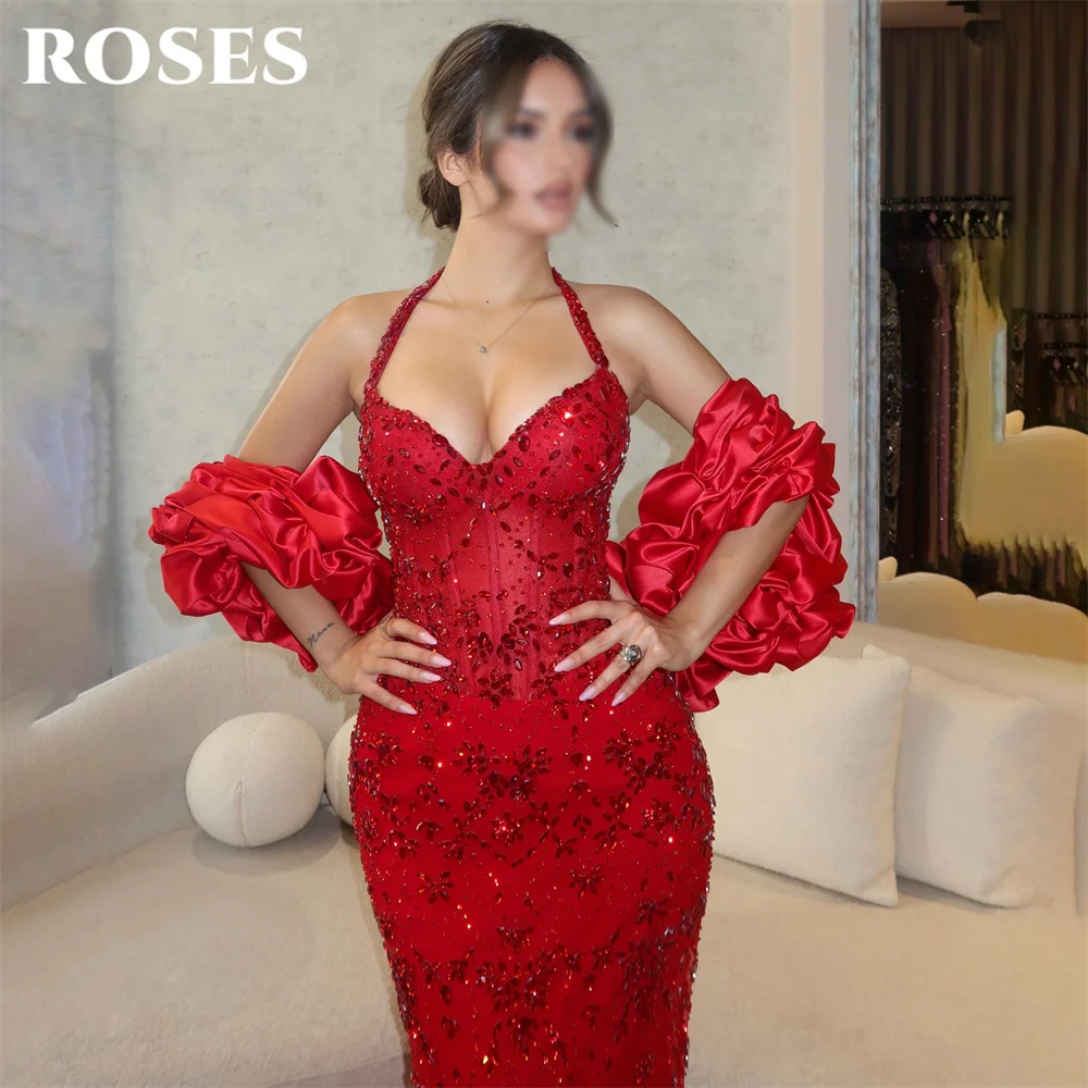 ROSES Red Party Dress Halter Neck Detachable Sleeves Evening Dress with Crystal Wrap Hips فساتين السهرة for Wedding Customized