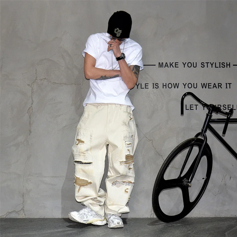 American High Street Distressed Ripped Repair Jeans Men, Vibe Streetwear Loose Straight Denim Pants