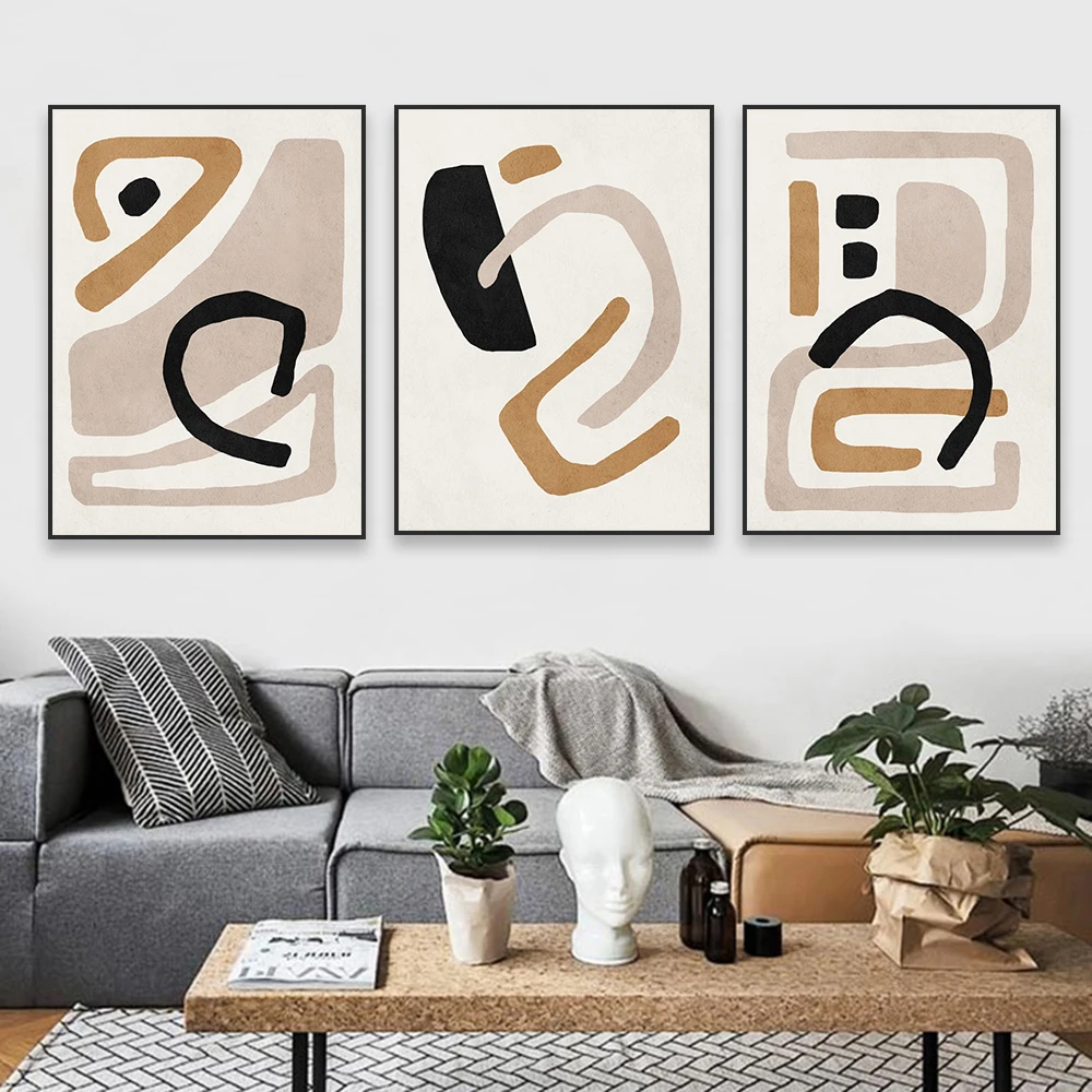 Abstract Shape Poster Black and White Line Beige Color Wall Art Canvas Painting Vintage Gallery Canvas Painting Home Decoration