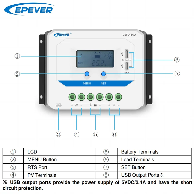 EPEVER 10A20A30A PWM Solar Charge Controller 12V24V Auto 45A 60A VS-AU Regulator For Solar System LCD Diaplay Two USB Ports