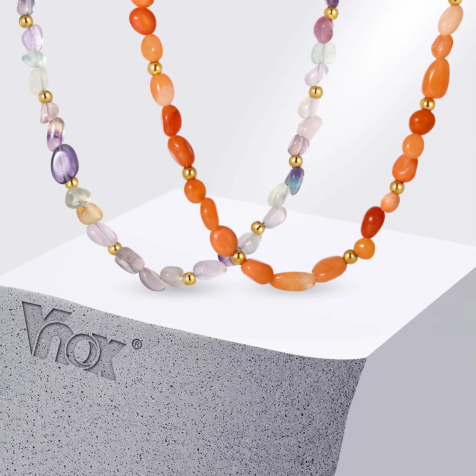 

Vnox Irregular Natural Stones Beaded Chain Necklace, Heavy Gold Plated High End Chains, Waterproof Jewelry Gifts