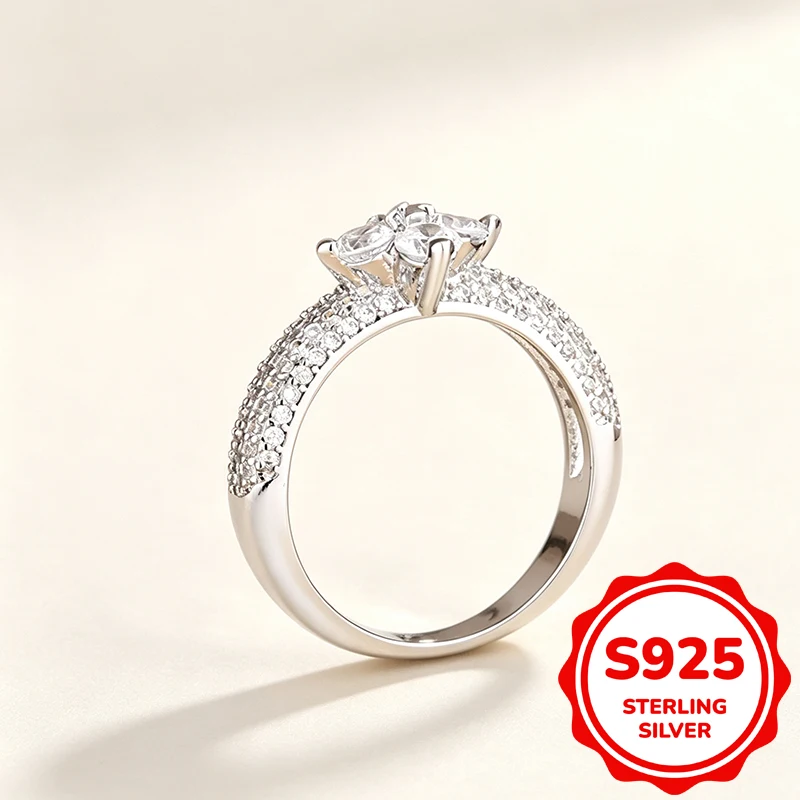 Genuine Sterling Silver 925 Ladies Ring, Four Stones Cluster Cubic Zirconia Full Micro Paved Band Ring For Wedding Party Jewelry