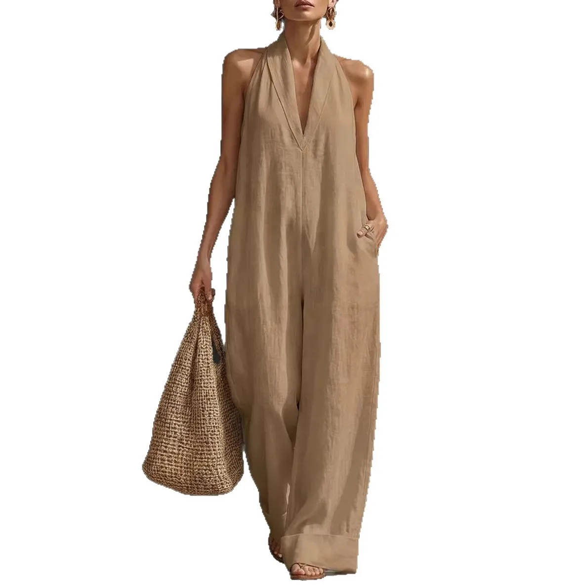 2026 Hanging Neck Sexy Solid Color Elegant Comfortable Loose Jumpsuit Women's Summer New Versatile Commuting Daily Simple Pants view 5