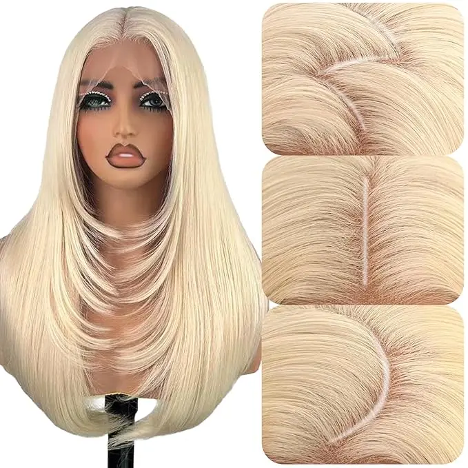 

Синтетический парик с кружевной вставкой 13X4, длинный прямой, без клея, для женщин, HD-кружево, многослойная линия ресниц, предварительно проработанная линия роста волос (613 блонд, 13X4)