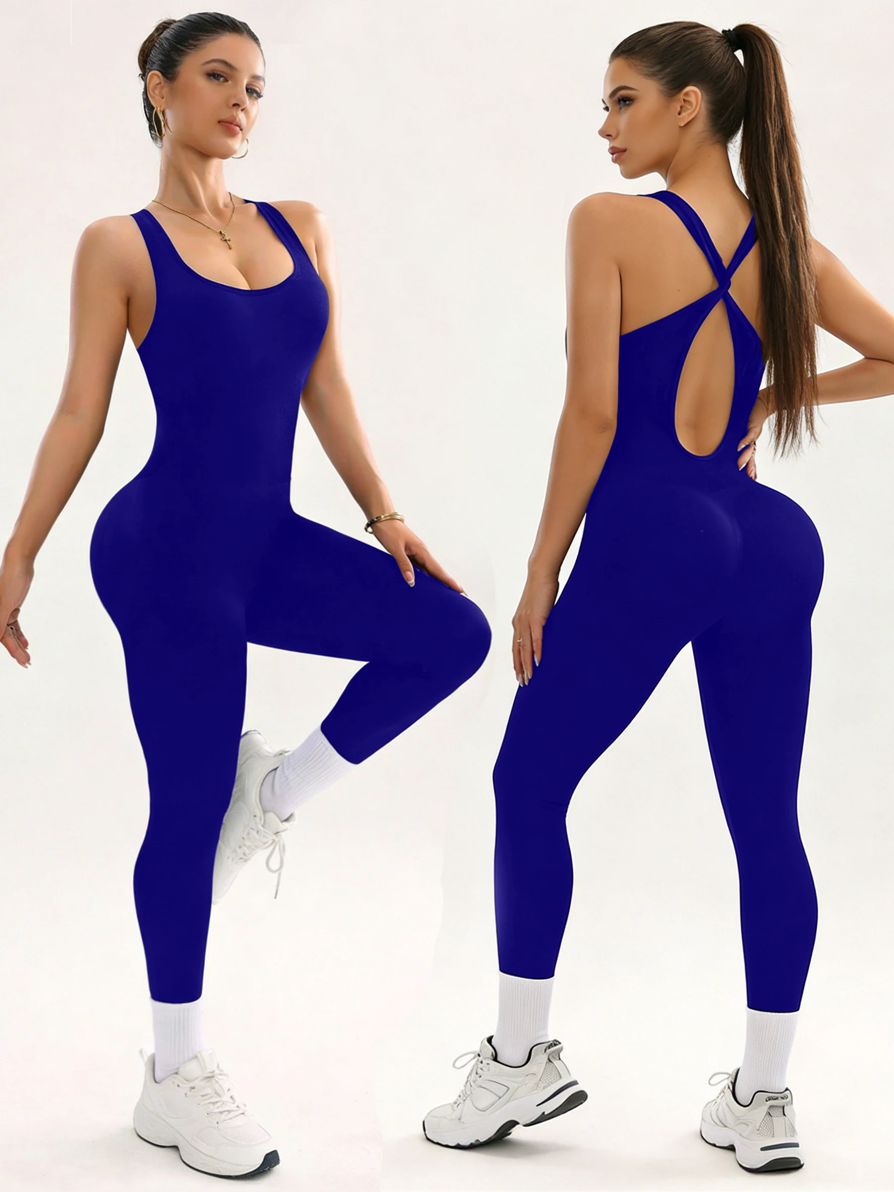 Women Criss Cross Back One Piece Yoga Jumpsuit Hollow Cutout Back High Waist Hip Lifting Tight Bodysuit Stretch Gym Pilates Fitn
