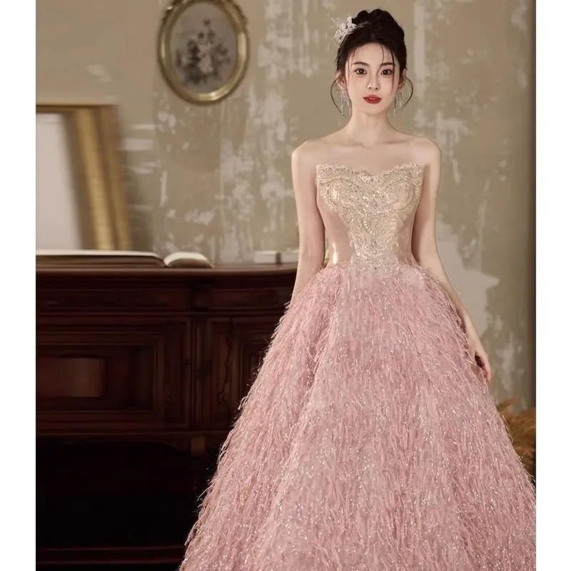 High-End Evening Dress Female Pink Bra Banquet Light Luxury Senior Sense Student Day Adult Ceremony Art Exam Graduation Host